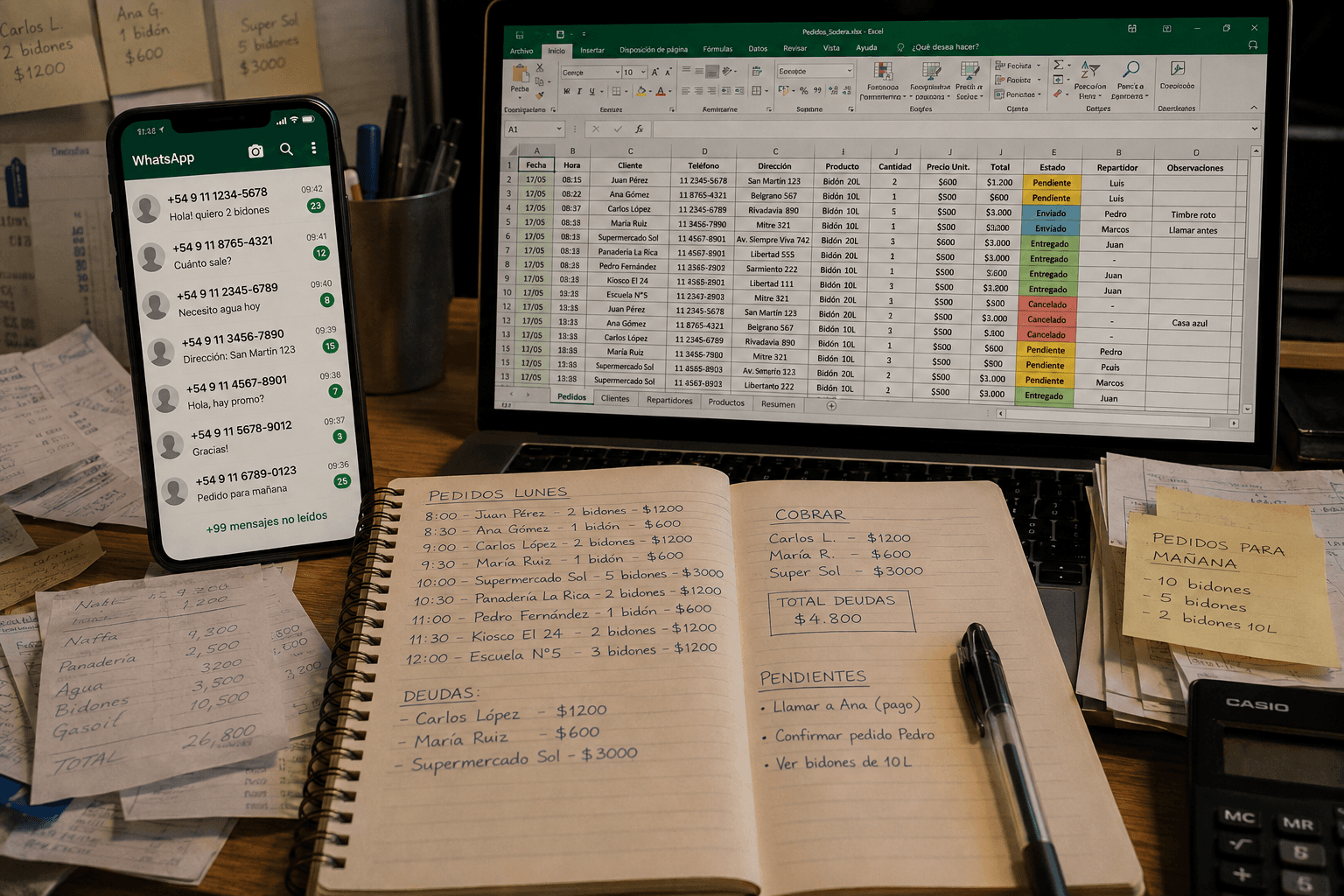 Escritorio con pedidos anotados a mano, WhatsApp lleno de mensajes sin leer y una planilla de Excel